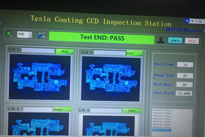 Tesla 充电枪 PCBA Coating Test: 防水胶元件处漏点胶检 Tesla 充电枪 PCBA Coating Test: 防水胶元件处漏点胶检